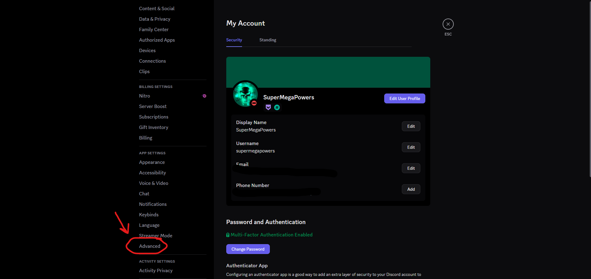 Red arrow pointing to button on left navigation pane that says "Advanced"