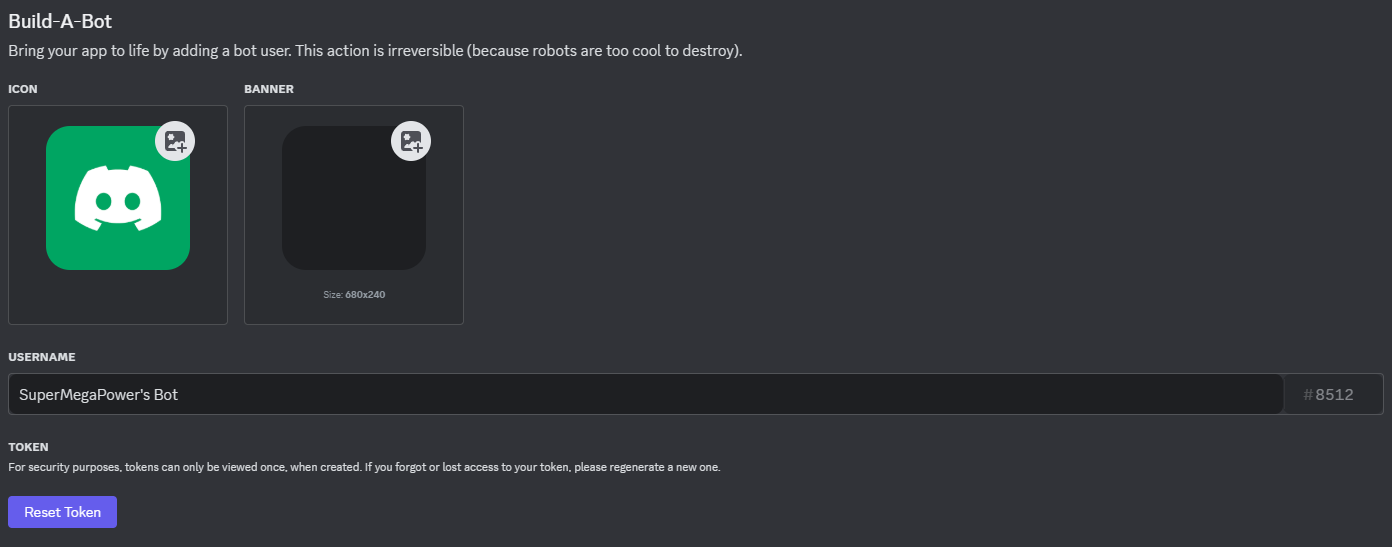 Bot details and token configuration options