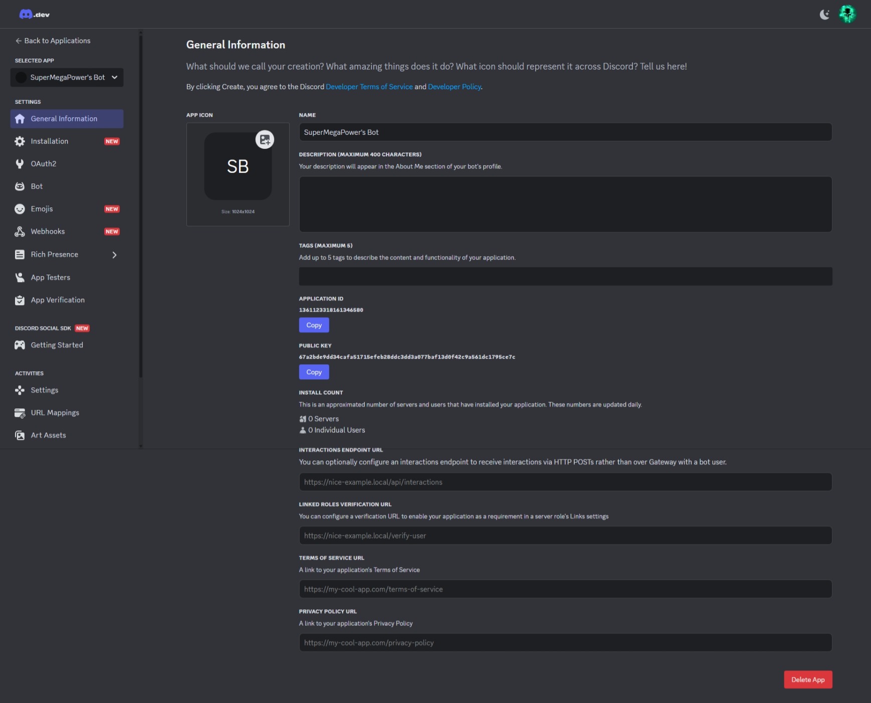 Discord application overview page