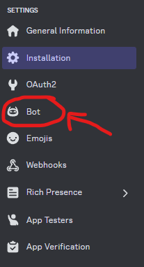 Red arrow pointing to button on left navigation pane that says "Bot"