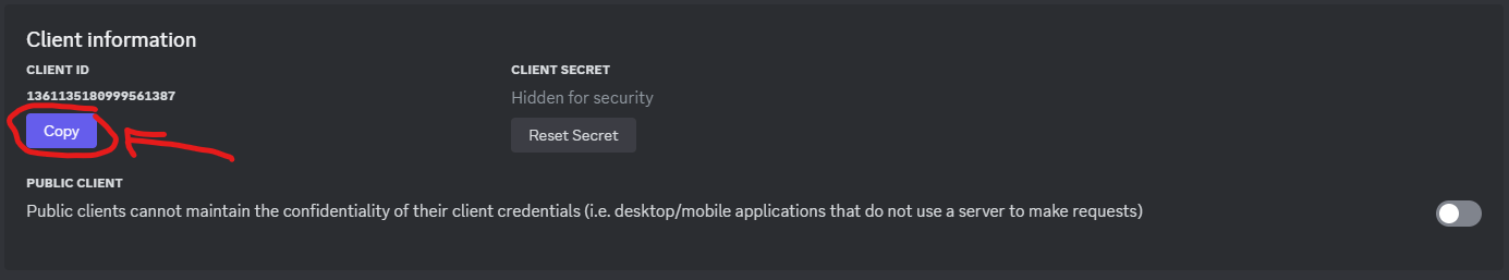 Arrow pointing to "Copy" button under Client ID section