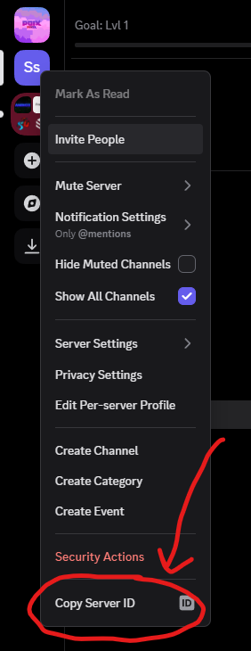Red arrow pointing to button that says "Copy Server ID"