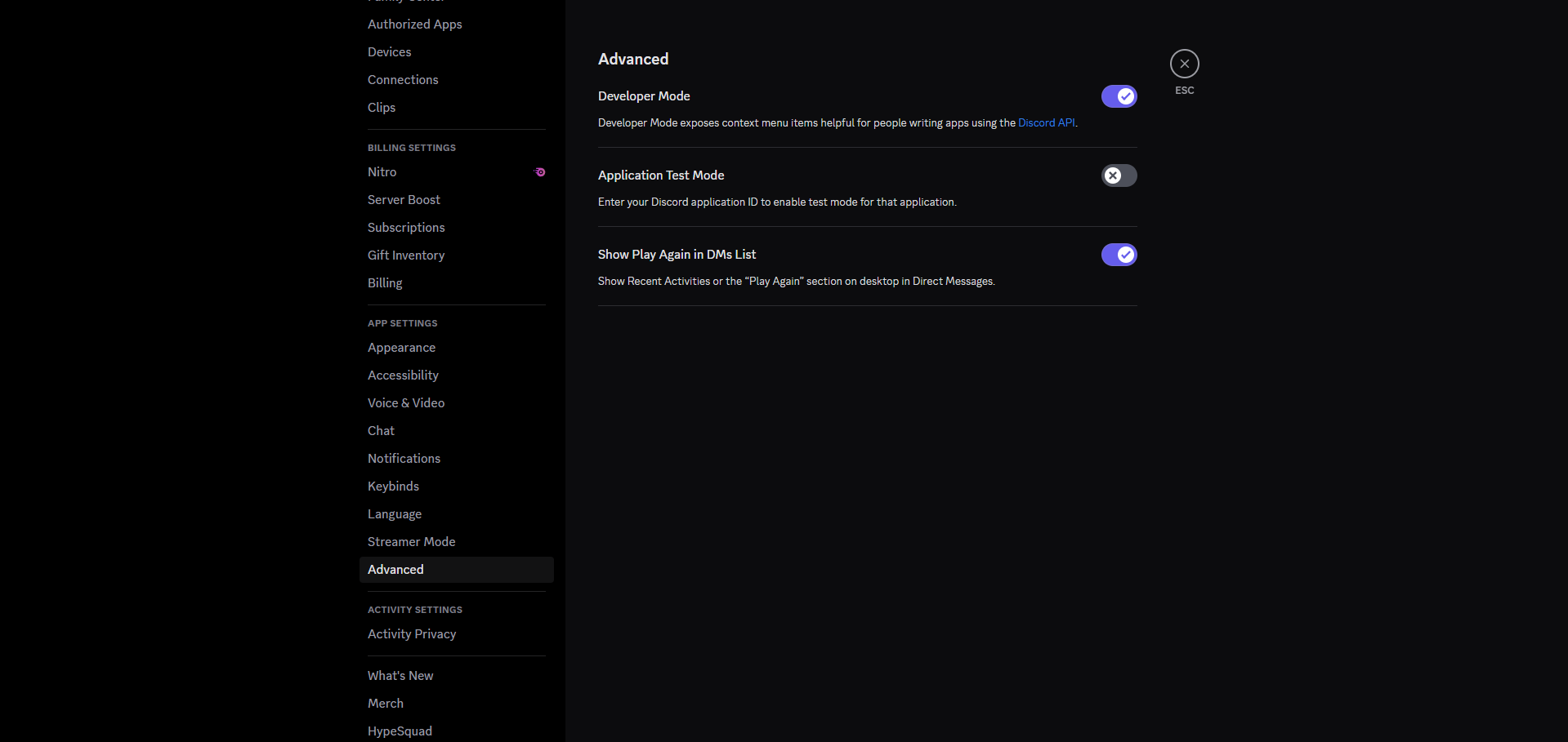 Developer mode toggle on