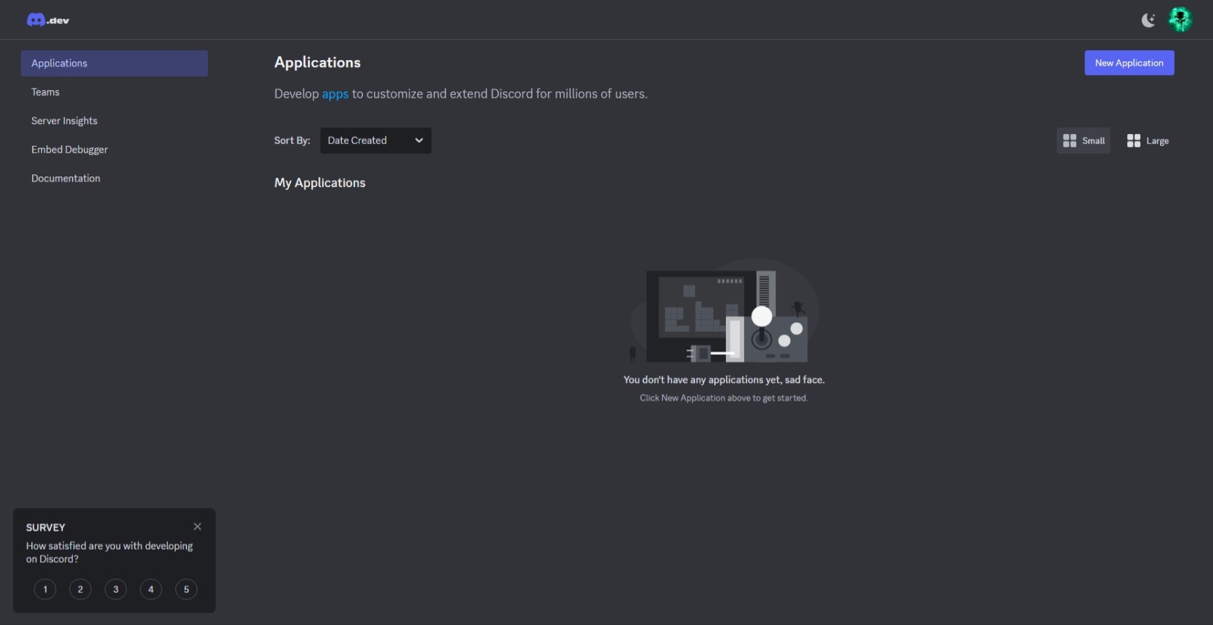 Applications page of the Discord Developer Dashboard