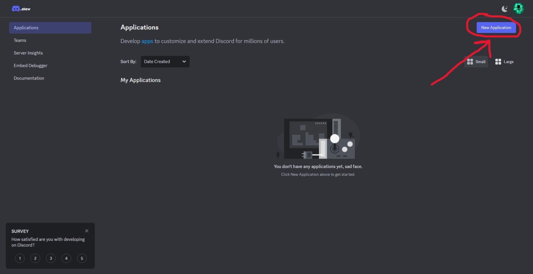 Red arrow pointing to button on left navigation pane that says "New Application"