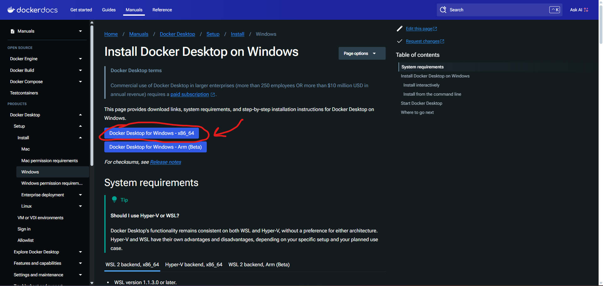 Red arrow pointing to a button that says "Docker Desktop for Windows - x86_64"