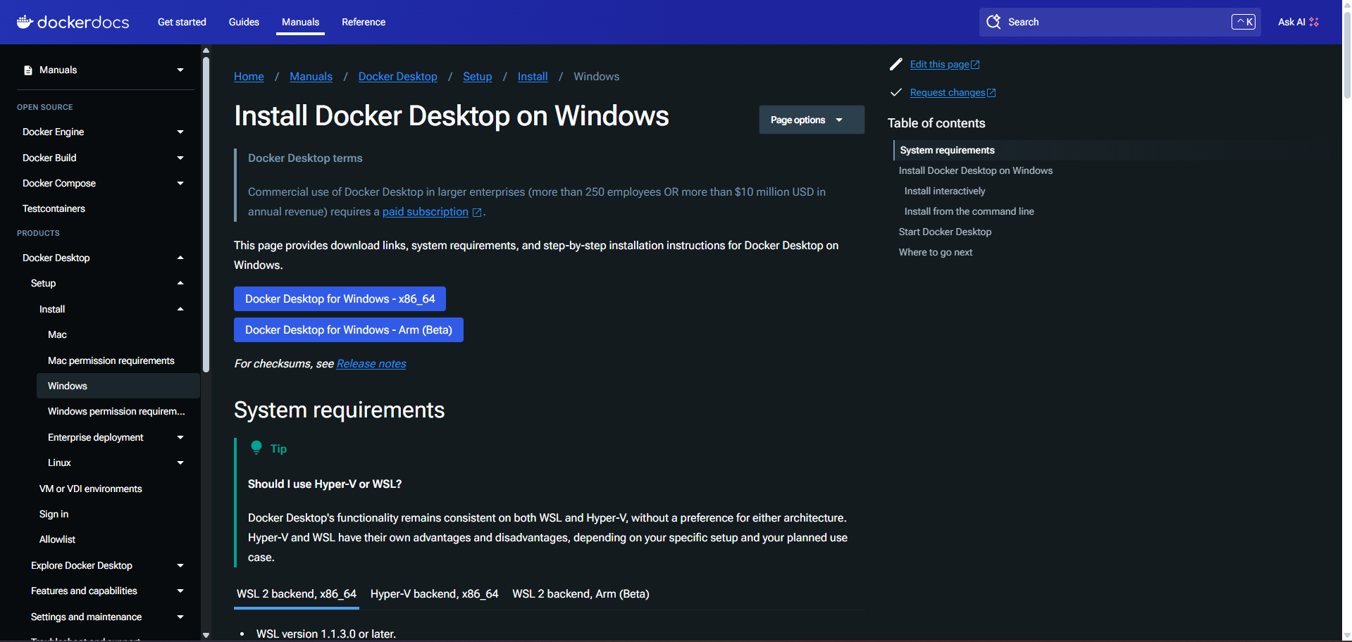 Docker download page for Windows