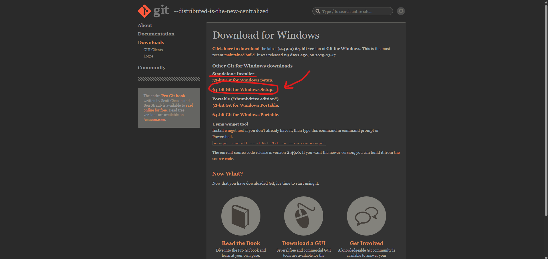 Red arrow pointing to a link that says "64-bit Git for Windows Setup."