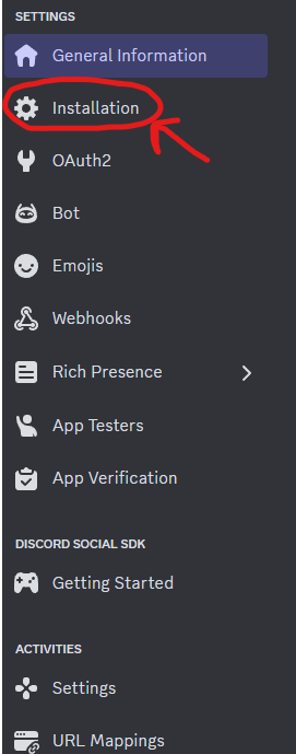 Red arrow pointing to button on left navigation pane that says "Installation"