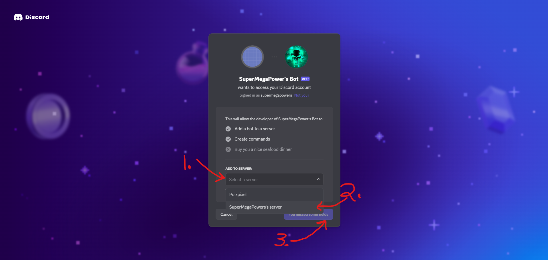 Invite discord bot to server dialogue