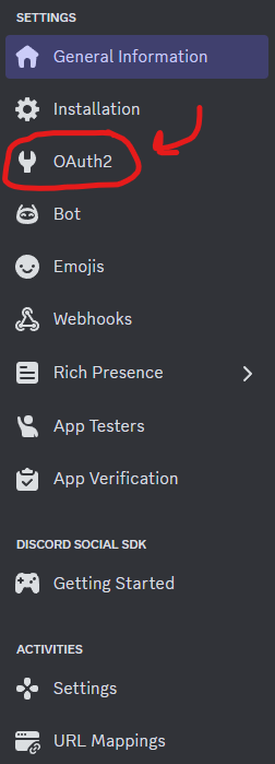 Red arrow pointing to button on left navigation pane that says "OAuth2"