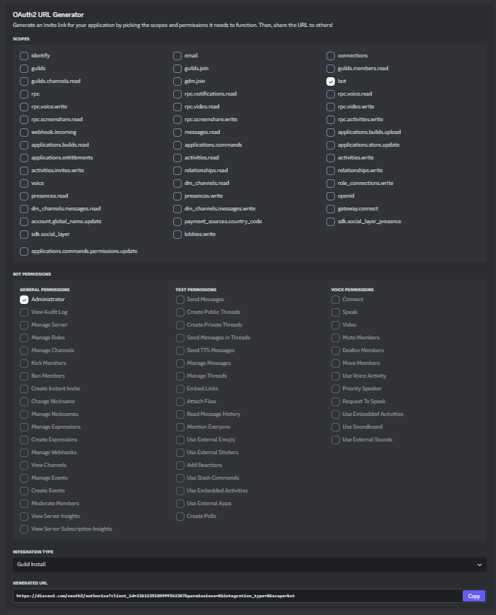 OAuth2 URL Generator Configuration Options