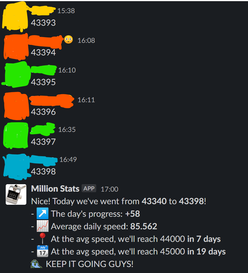 a couple of messages from different people showing numbers going the day's increase, the average daily speed, and the predicted amount of time needed to reach the next thousand/tenthousand